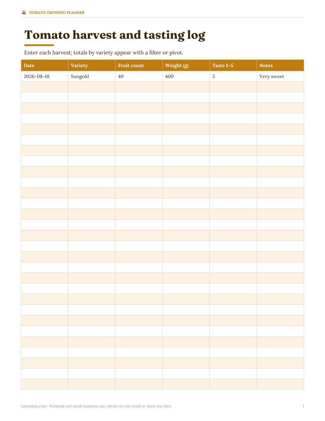Preview of the first page of Harvest log (XLSX)
